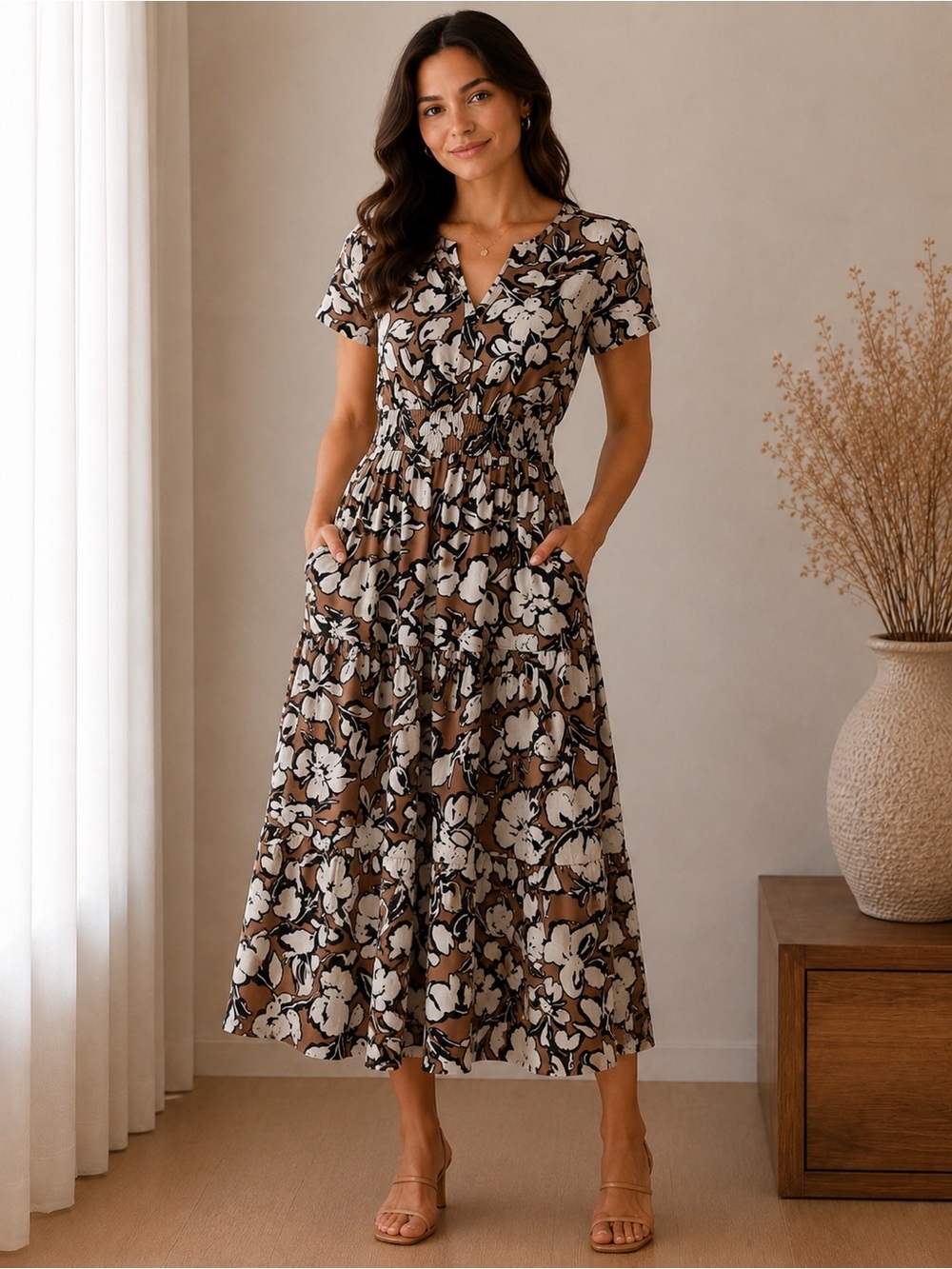 Cynthia Rowley Floral Smocked Waist Midi Dress XS Brown Cream Boho Cottagecore